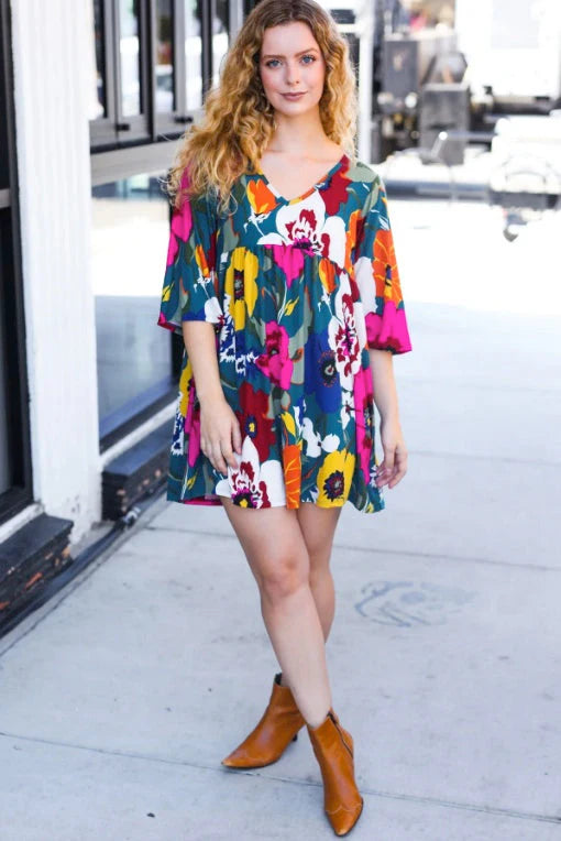 Teal Bloom Babydoll Dress