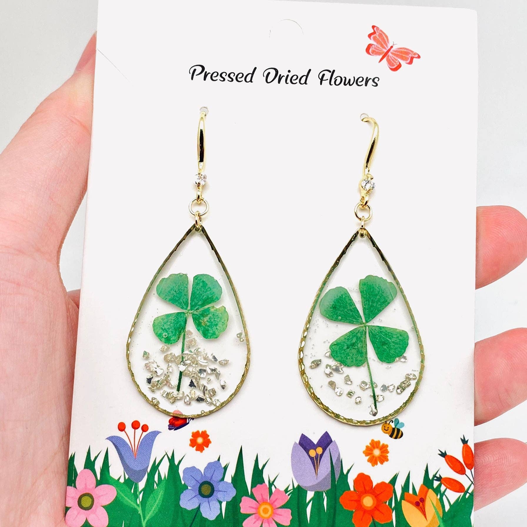 Lucky Four-leaf Clover Dried Plant Teardrop Earrings - PDF