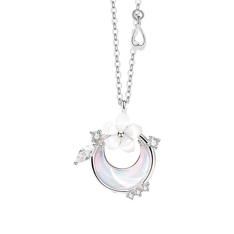 Cherry Blossom Moon Pendant Necklace in 925 Sterling Silver