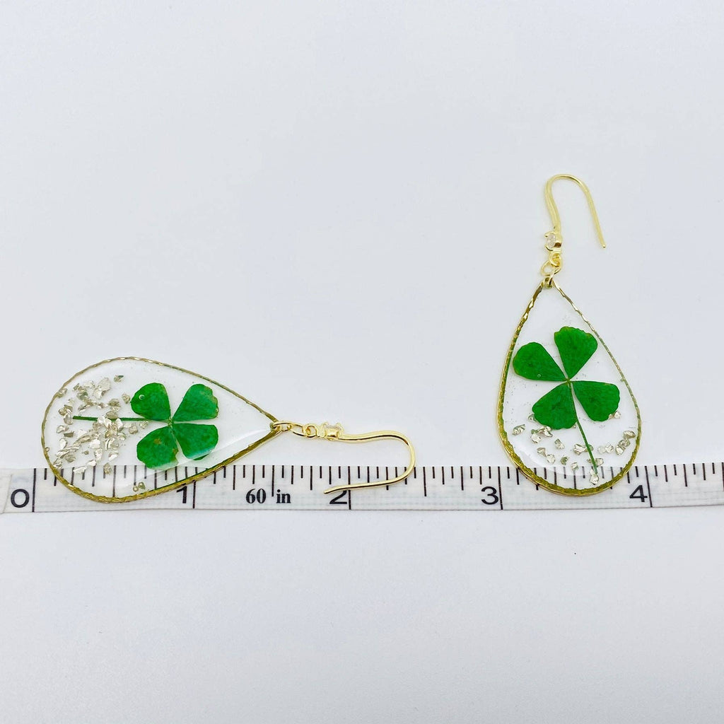 Lucky Four-leaf Clover Dried Plant Teardrop Earrings - PDF