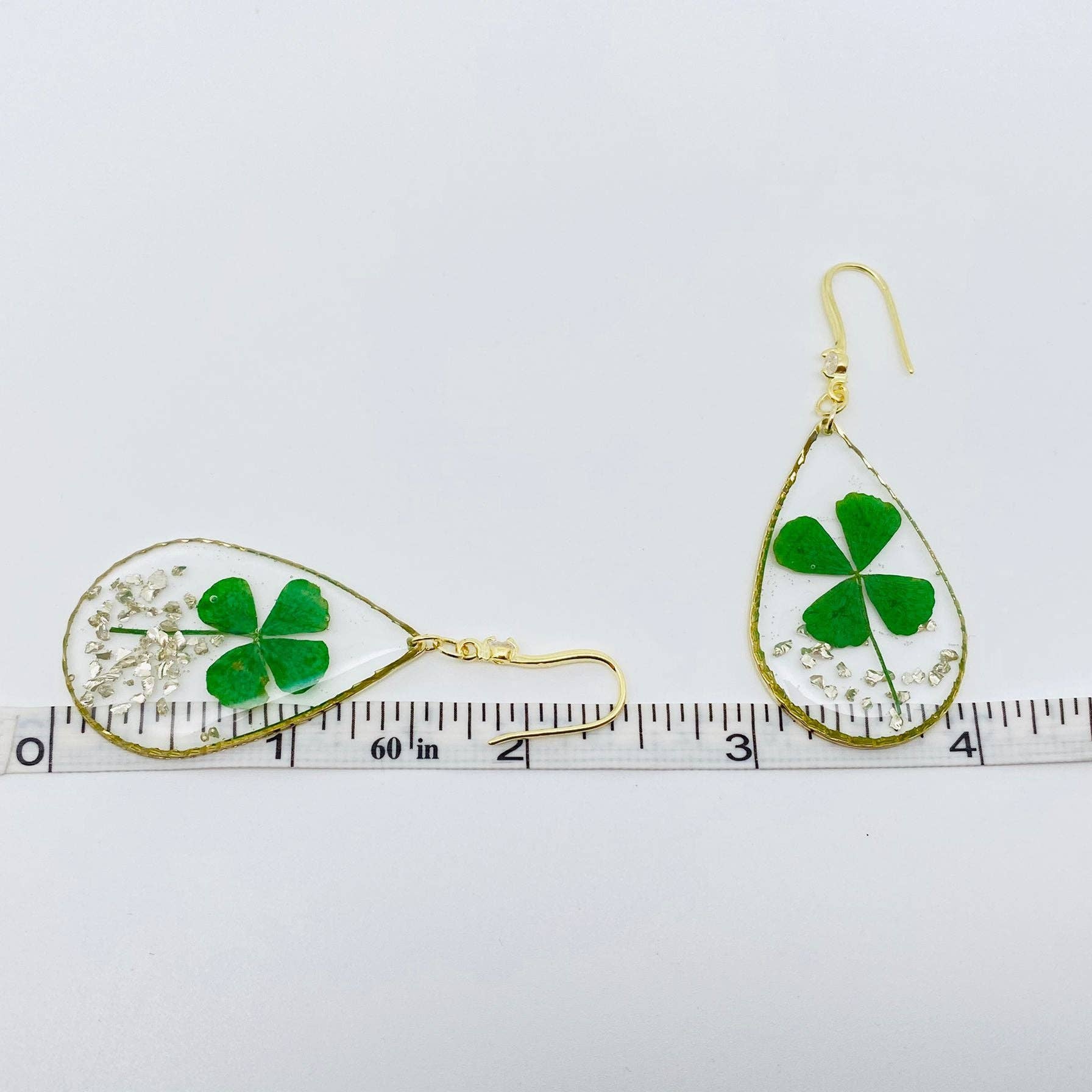 Lucky Four-leaf Clover Dried Plant Teardrop Earrings - PDF