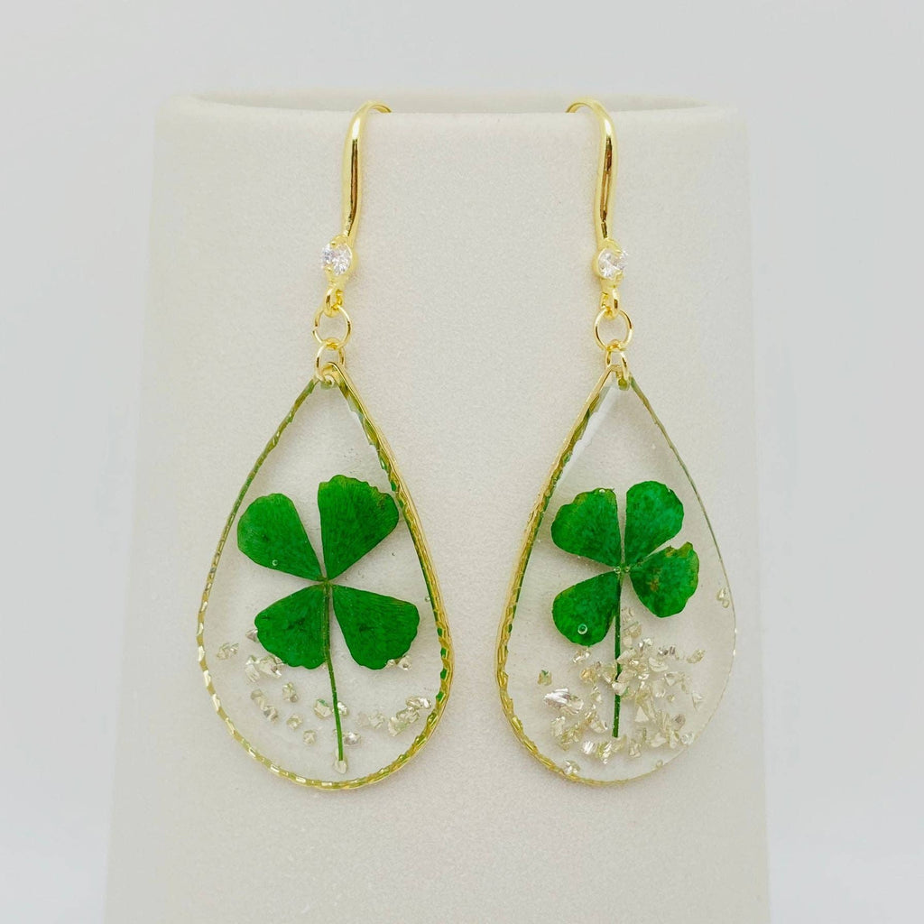 Lucky Four-leaf Clover Dried Plant Teardrop Earrings - PDF