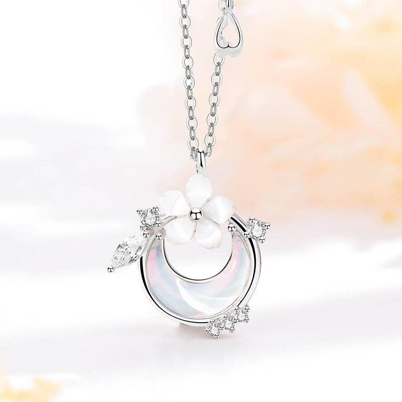Cherry Blossom Moon Pendant Necklace in 925 Sterling Silver