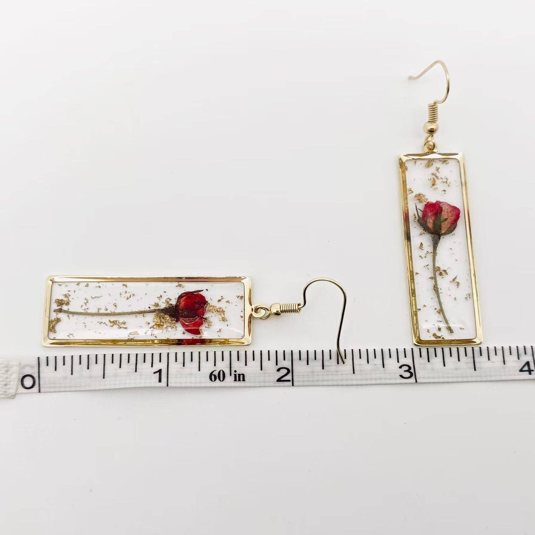 Rose Dried Flower Rectangle Earrings
