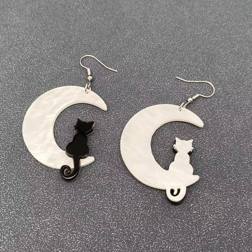 Black Cat Moon Dangle Earrings