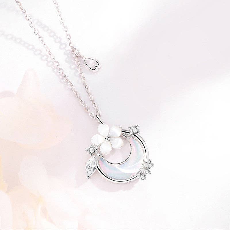Cherry Blossom Moon Pendant Necklace in 925 Sterling Silver
