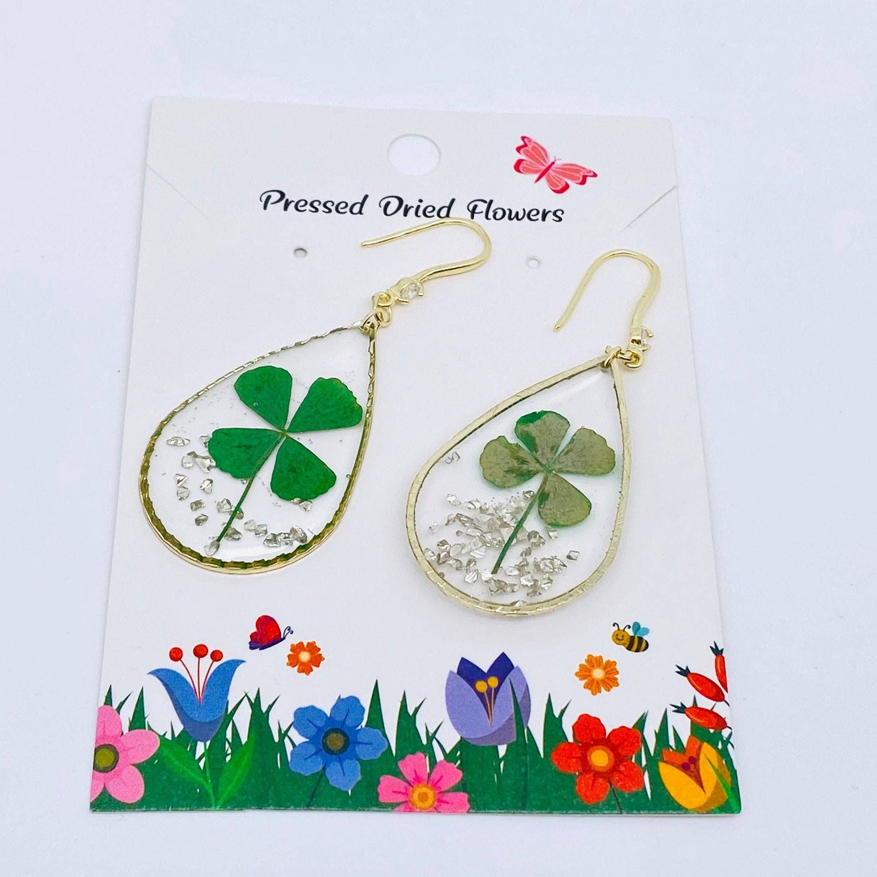 Lucky Four-leaf Clover Dried Plant Teardrop Earrings - PDF
