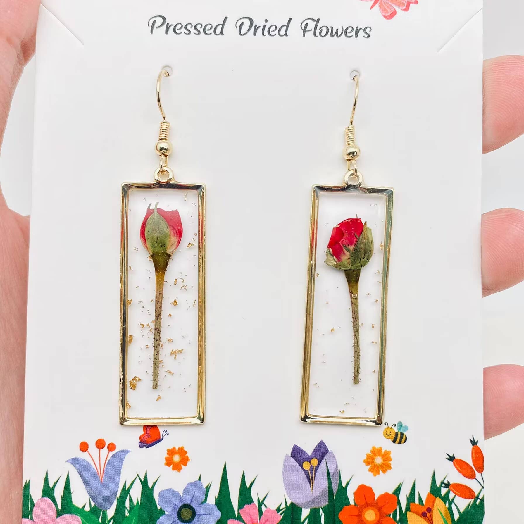 Rose Dried Flower Rectangle Earrings