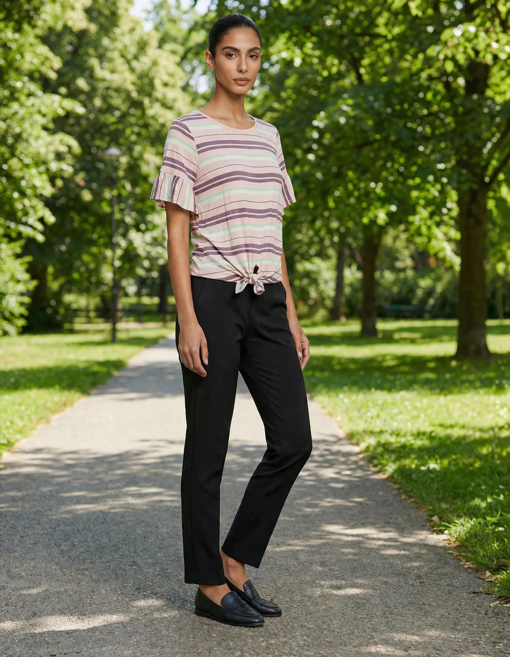 Soft Stripe Tie-Front Flutter Sleeve Top