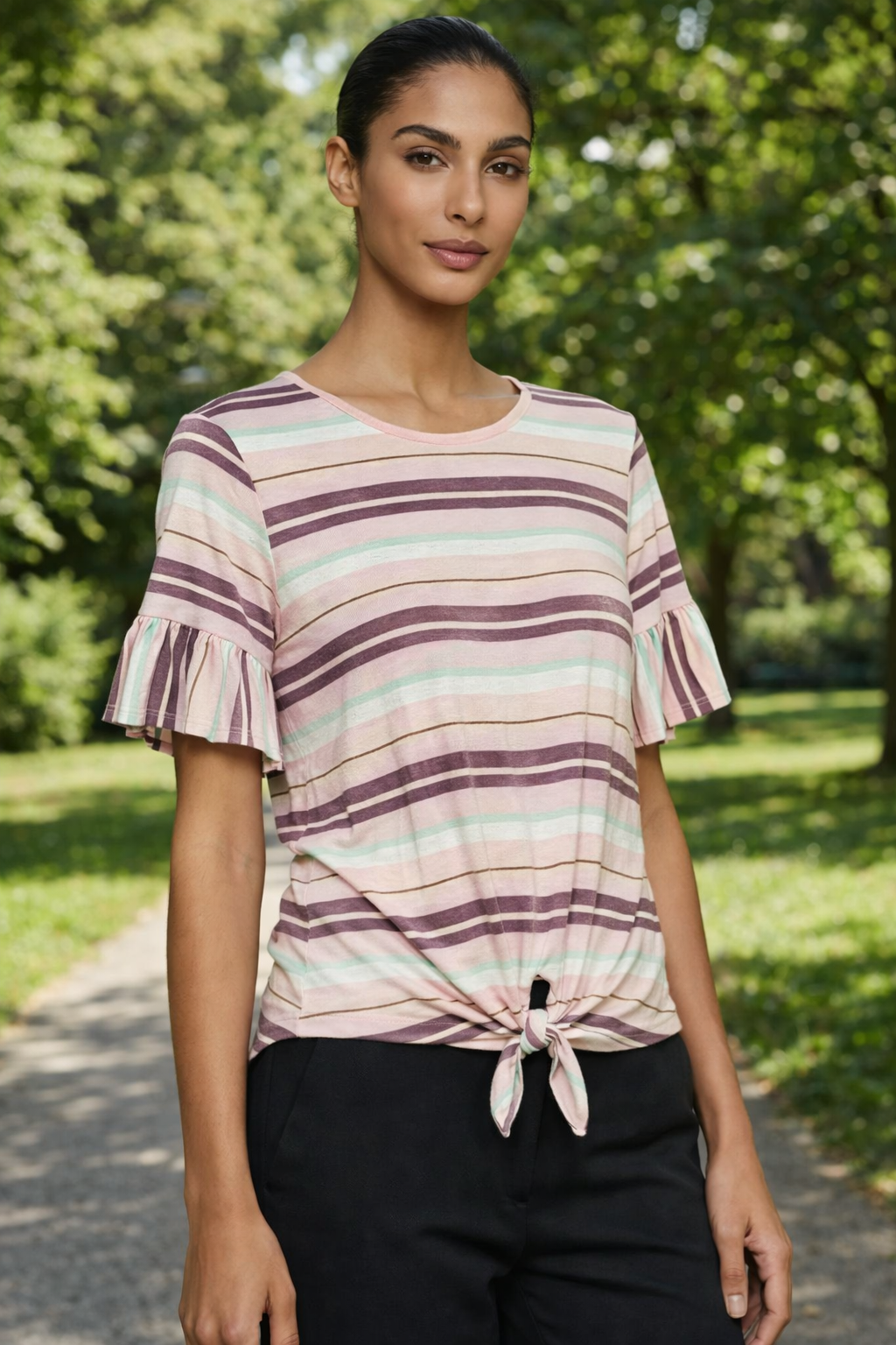 Soft Stripe Tie-Front Flutter Sleeve Top