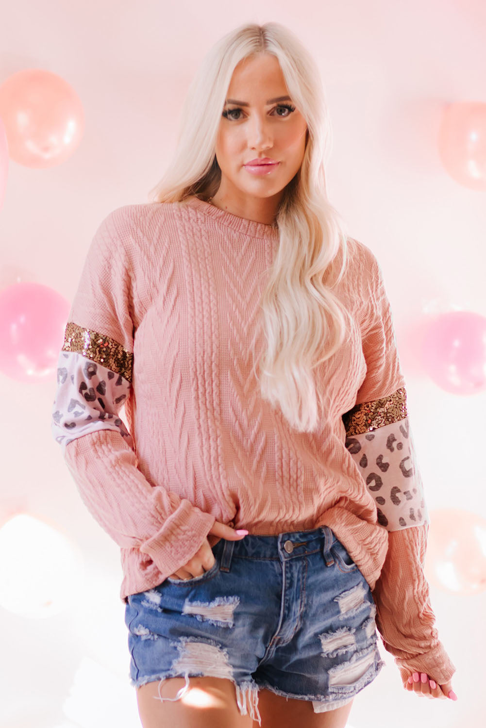 Blush Leopard Sequin Sleeve Knit Top