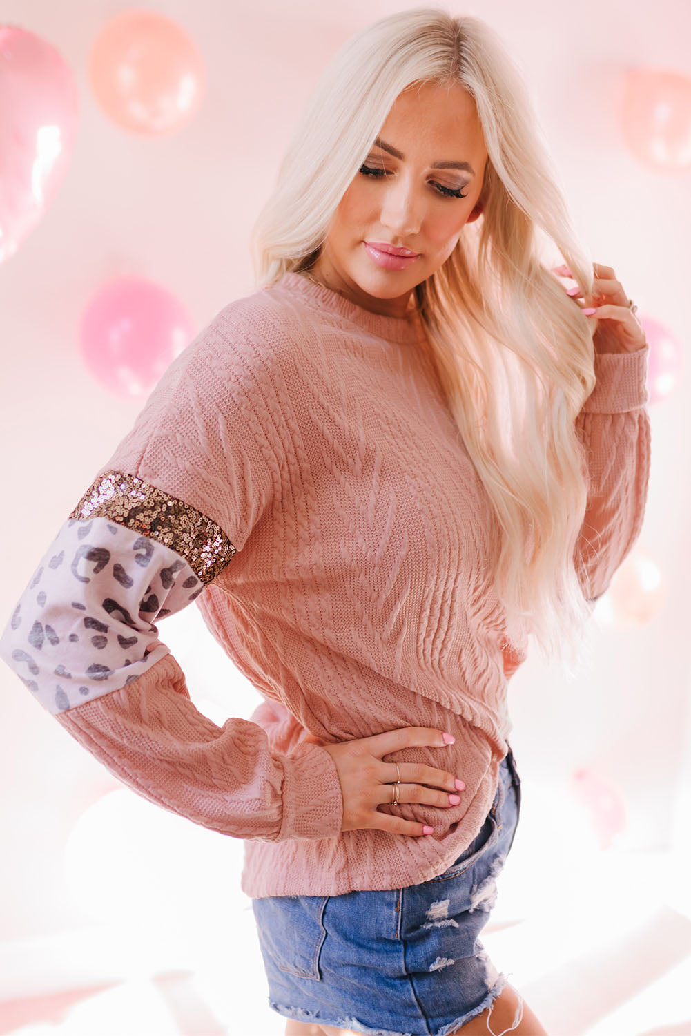 Blush Leopard Sequin Sleeve Knit Top