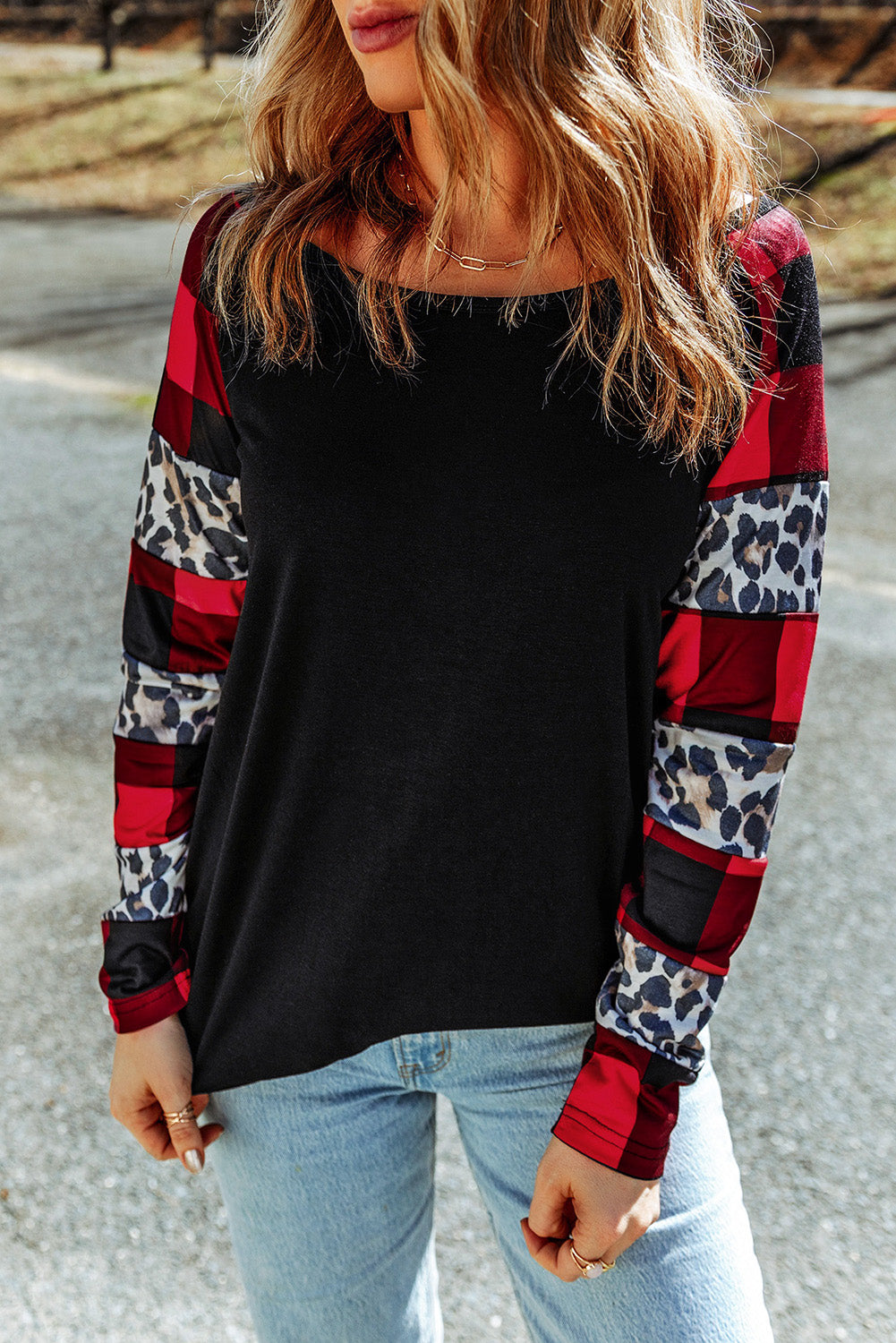 Plaid + Leopard Sleeve Statement Top