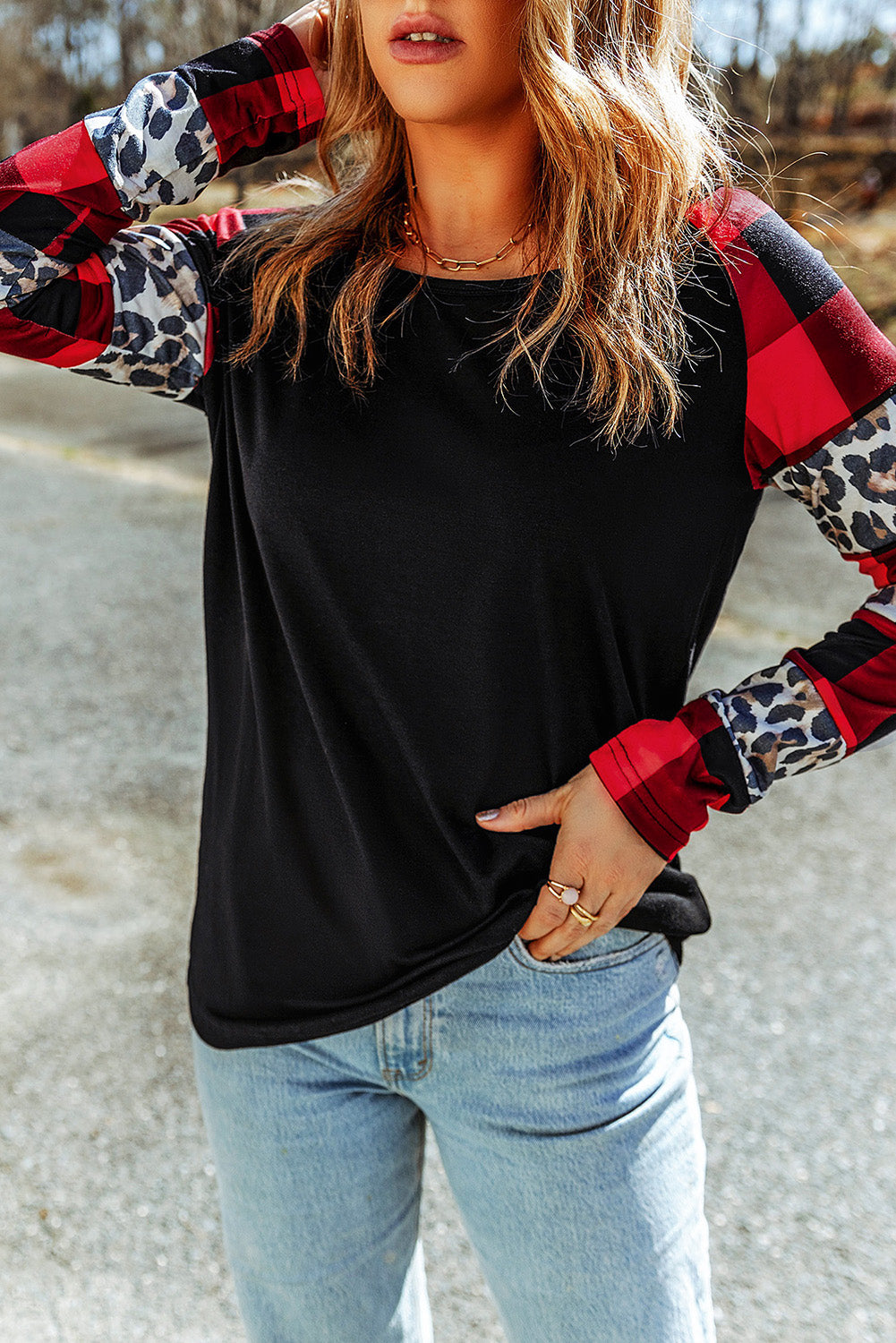 Plaid + Leopard Sleeve Statement Top