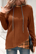 Chestnut Plaid Patchwork Hooded Knit Top