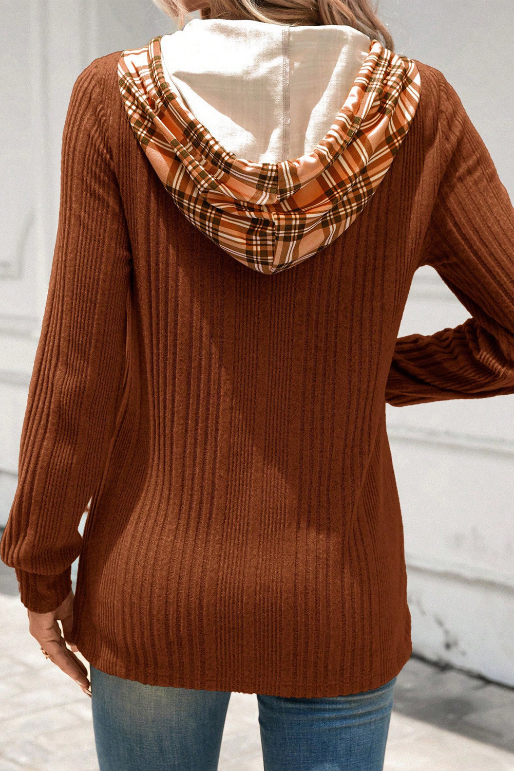 Chestnut Plaid Patchwork Hooded Knit Top
