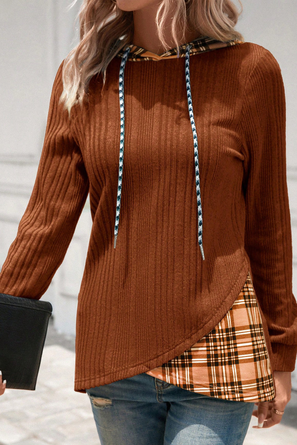 Chestnut Plaid Patchwork Hooded Knit Top