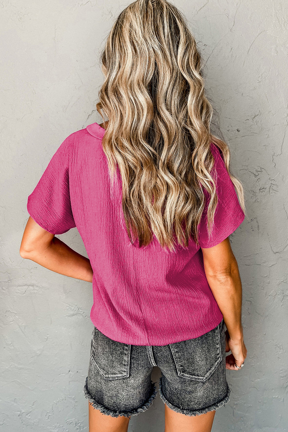 Bright Pink Crinkled V-Neck Tee