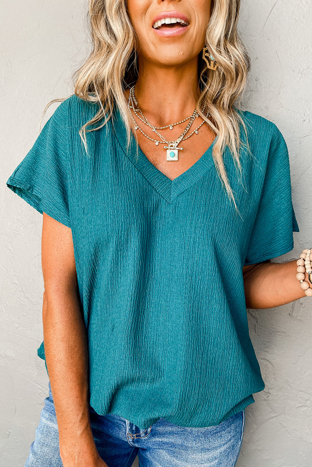 Sapphire Crinkled V-Neck Everyday Top