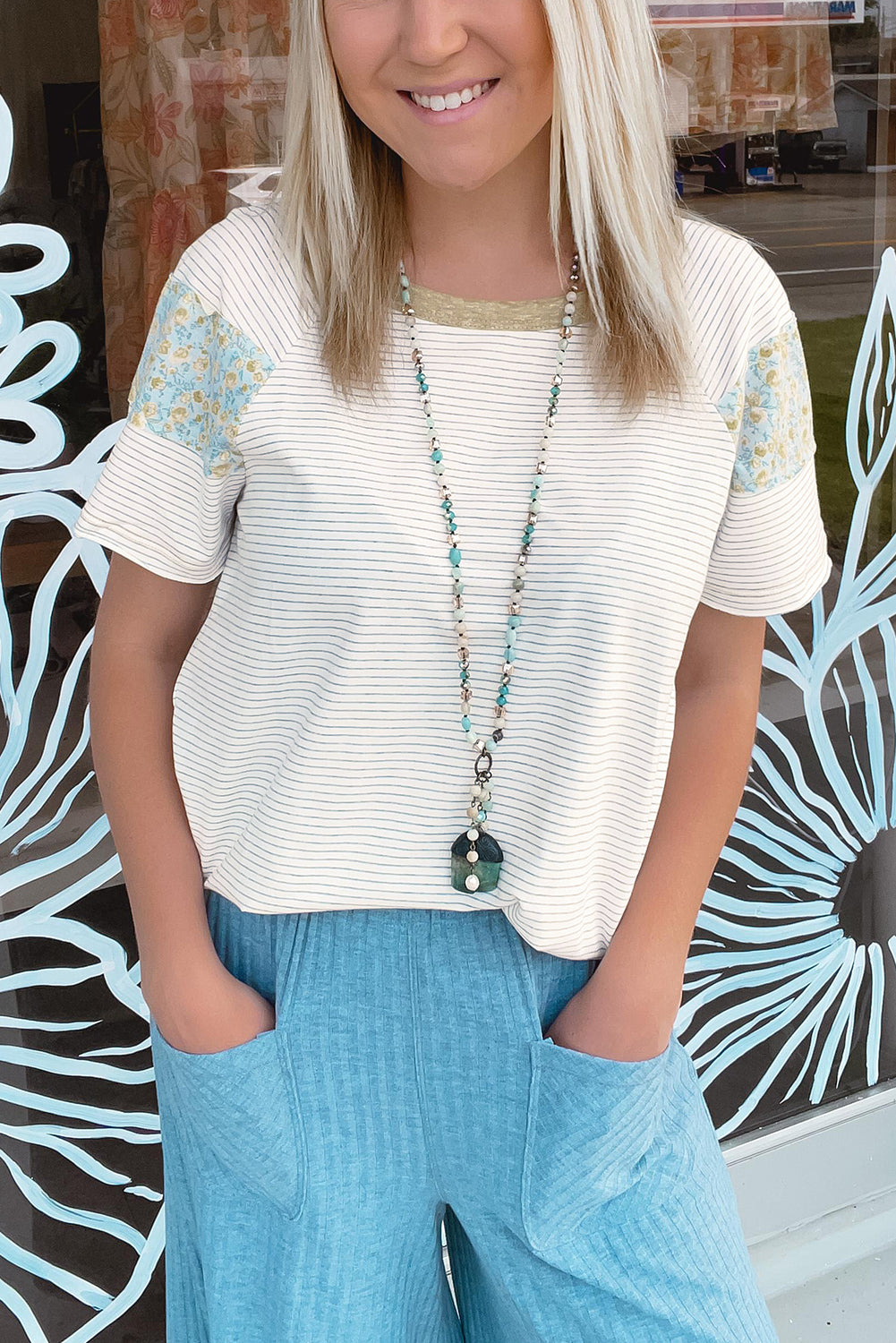 White Stripe Floral Sleeve Contrast Tee