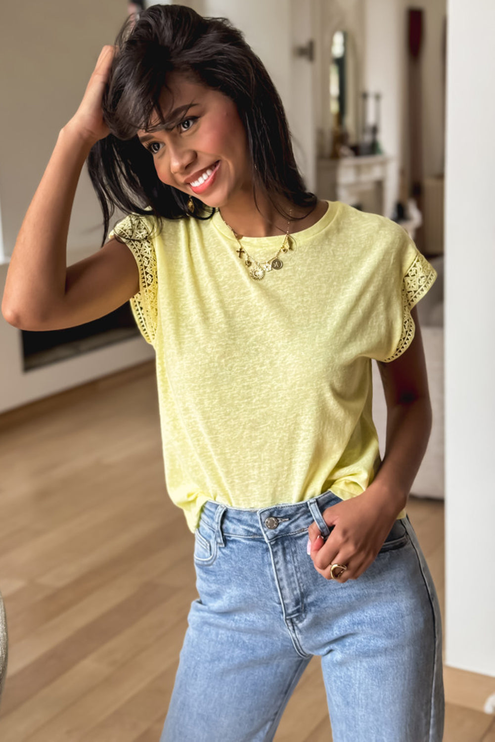 White Stripe Floral Sleeve Contrast Tee