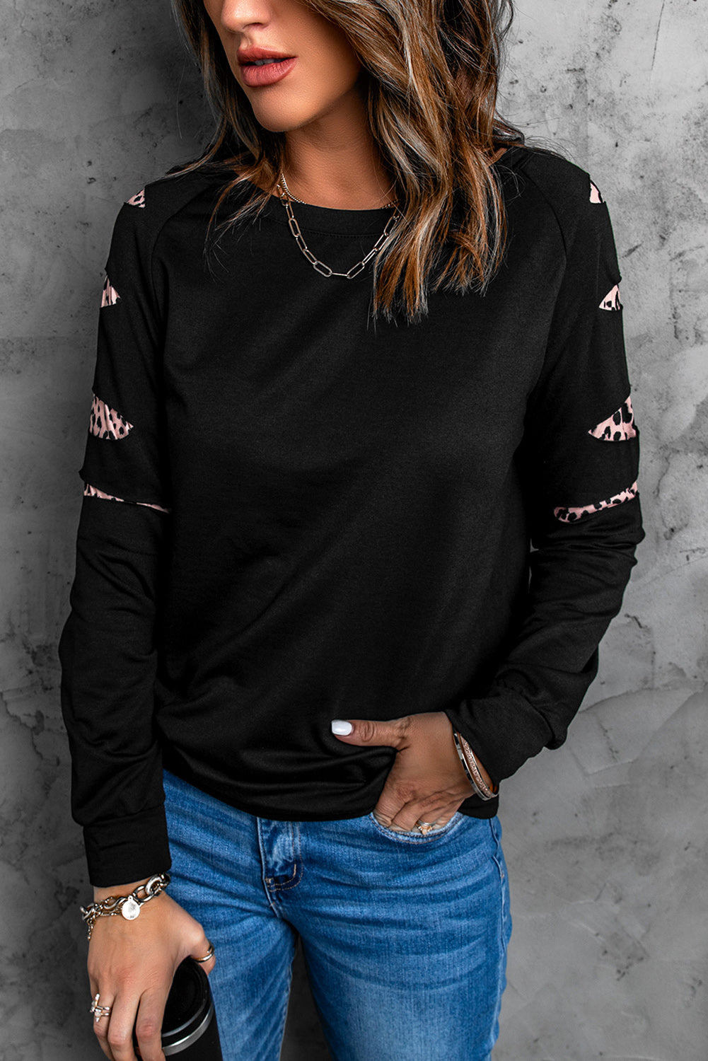 Black Leopard Sleeve Cutout Top
