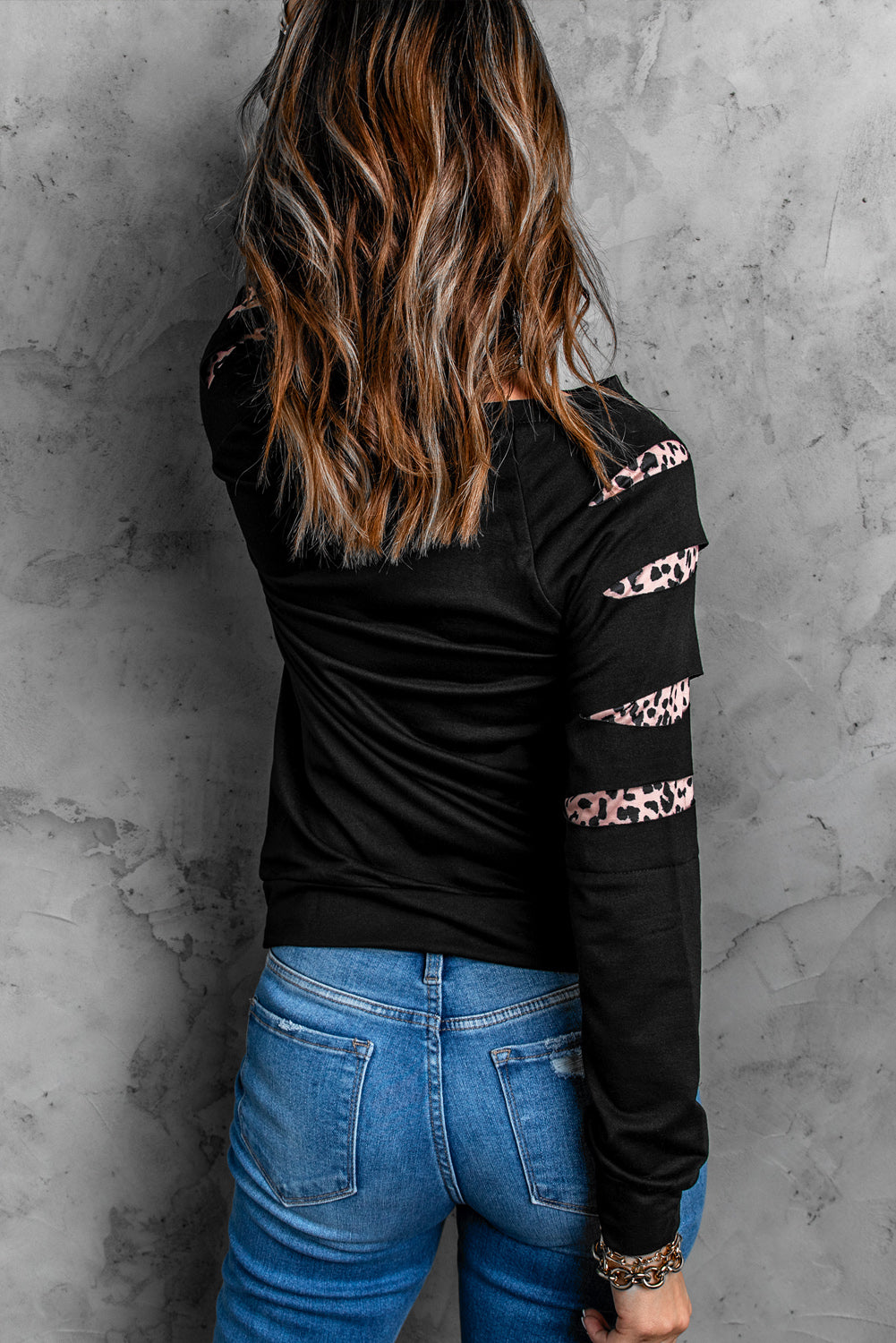 Black Leopard Sleeve Cutout Top