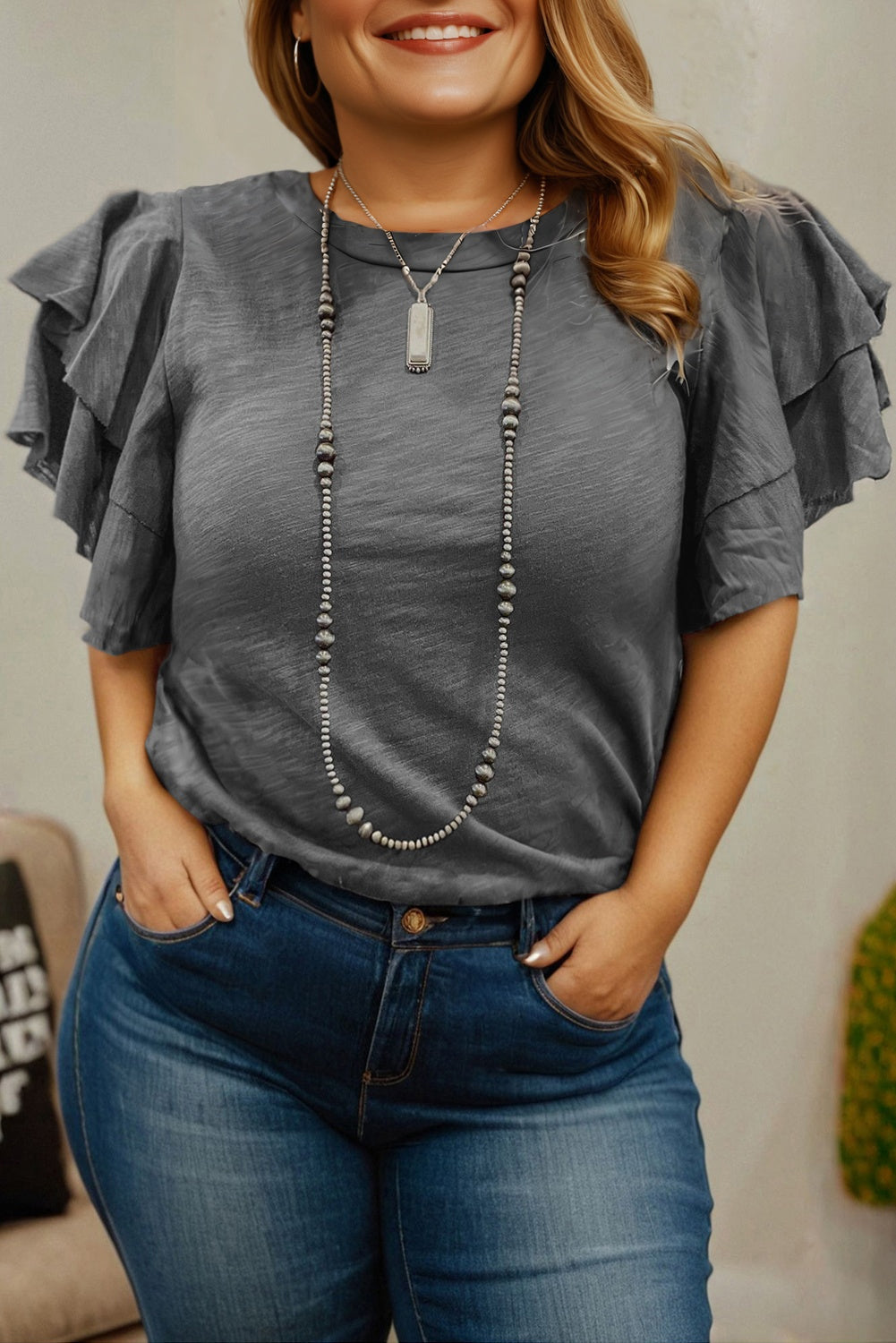 Charcoal Ruffle Sleeve Everyday Top (Curvy)