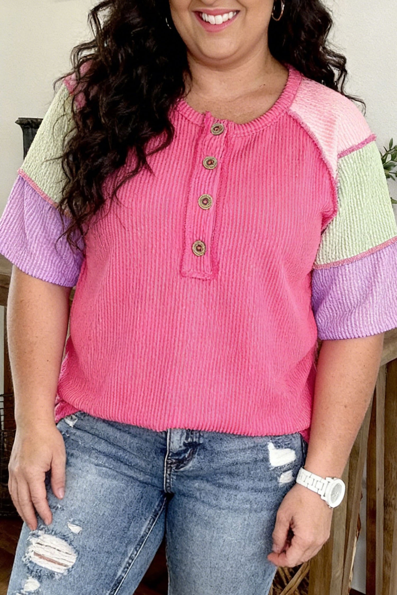 Bright Ribbed Colorblock Henley Top (Curvy)