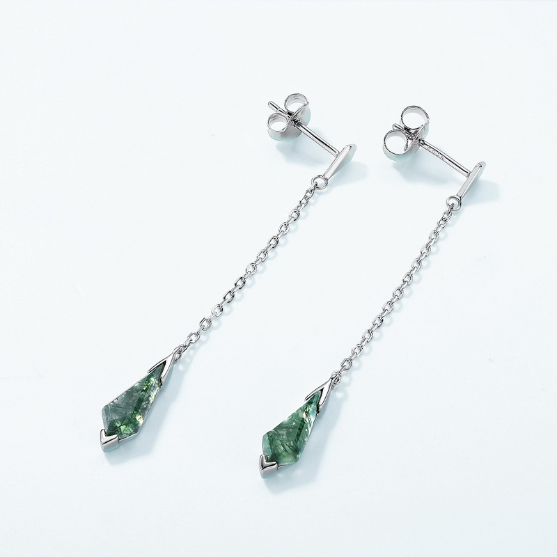 Moss Agate Drop Chain Earrings