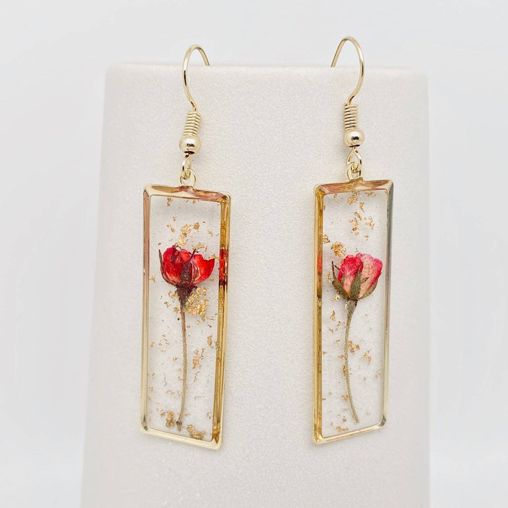 Rose Dried Flower Rectangle Earrings