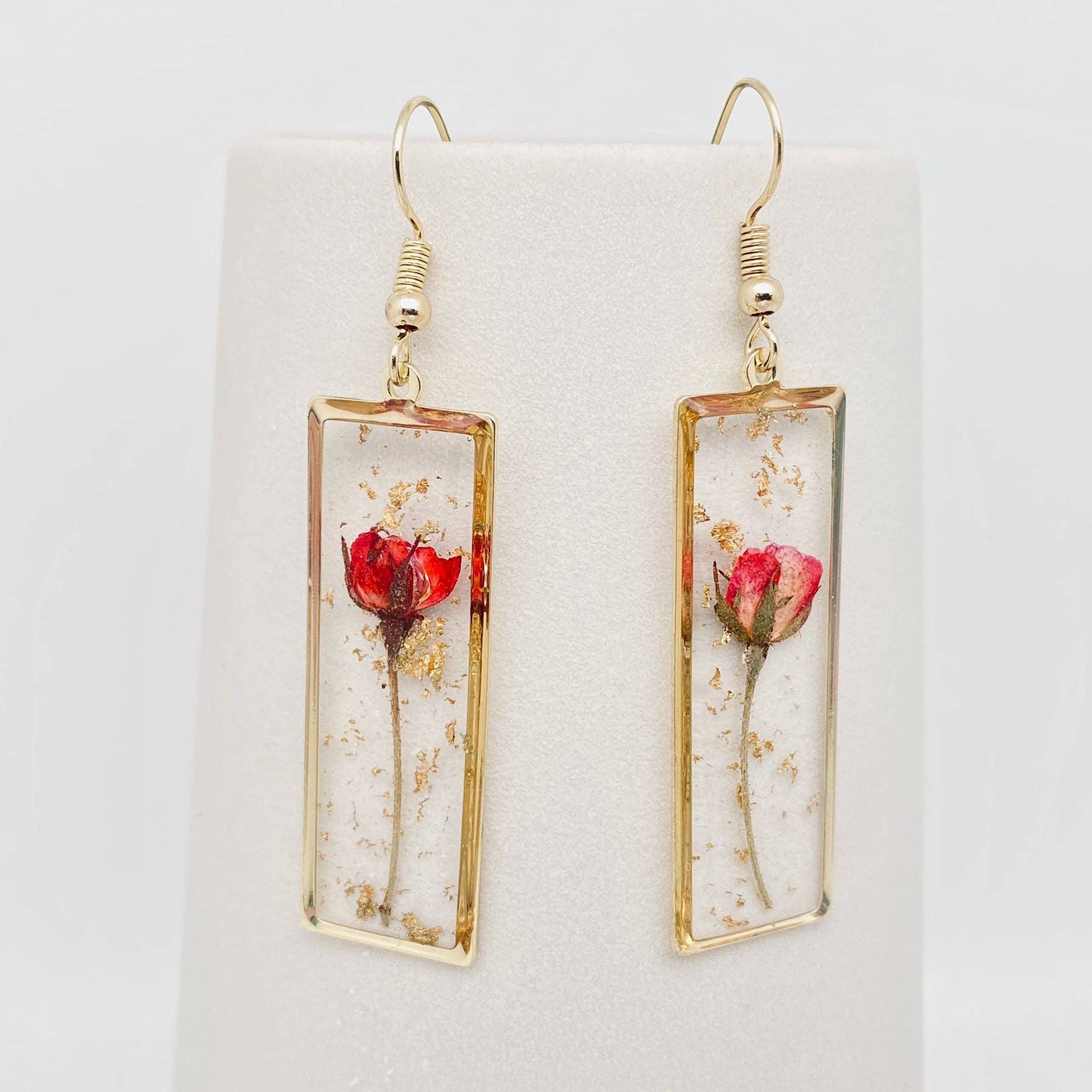 Rose Dried Flower Rectangle Earrings