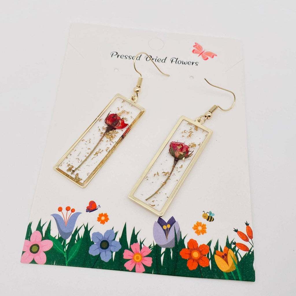 Rose Dried Flower Rectangle Earrings